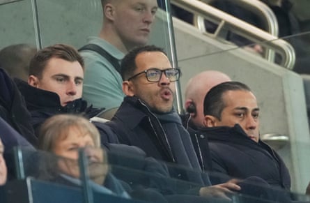 Liam Rosenior watches Chelsea play Fulham with the club’s co-owner Behdad Eghbali, right, after being officially appointed.