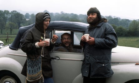 Alison Steadman, Roger Sloman and director, Mike Leigh, in Nuts In May, by Mike Leigh, broadcast as a BBC Play for Today in 1976.