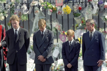 From left: Earl Spencer, Prince William, Prince Harry and King Charles, who was then the Prince of Wales, at the funeral of Diana, Princess of Wales, in 1997.