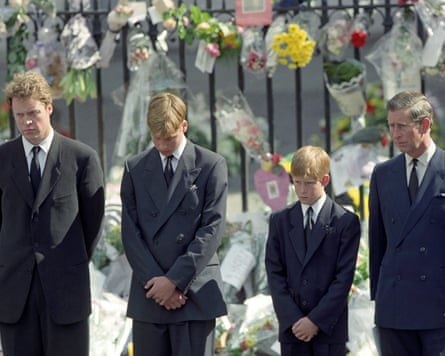 From left: Earl Spencer, Prince William, Prince Harry and King Charles, who was then the Prince of Wales, at the funeral of Diana, Princess of Wales, in 1997.