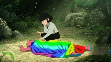 A girl looks at a figure lying under a rainbow cloak in an animated still from Arco.
