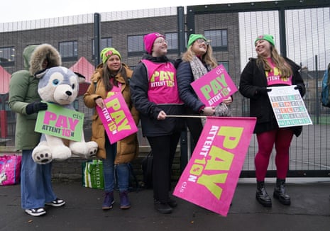 Teachers from the Educational Institute of Scotland (EIS) union on a picket line outside Glendale Primary and Glendale Gaelic School in Glasgow, where they are on strike.