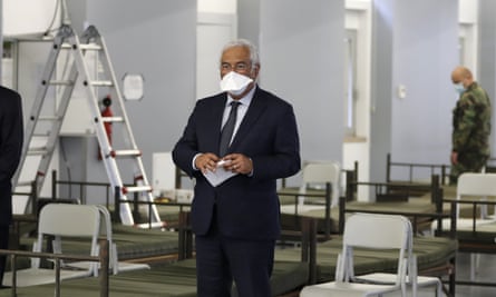 Portuguese prime minister, António Costa, visits a new Covid-19 ward being set up at the military hospital in Lisbon, on 26 January.