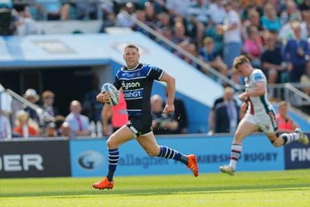 Finn Russell runs clear after intercepting Handré Pollard’s pass before setting up Bath’s second try.