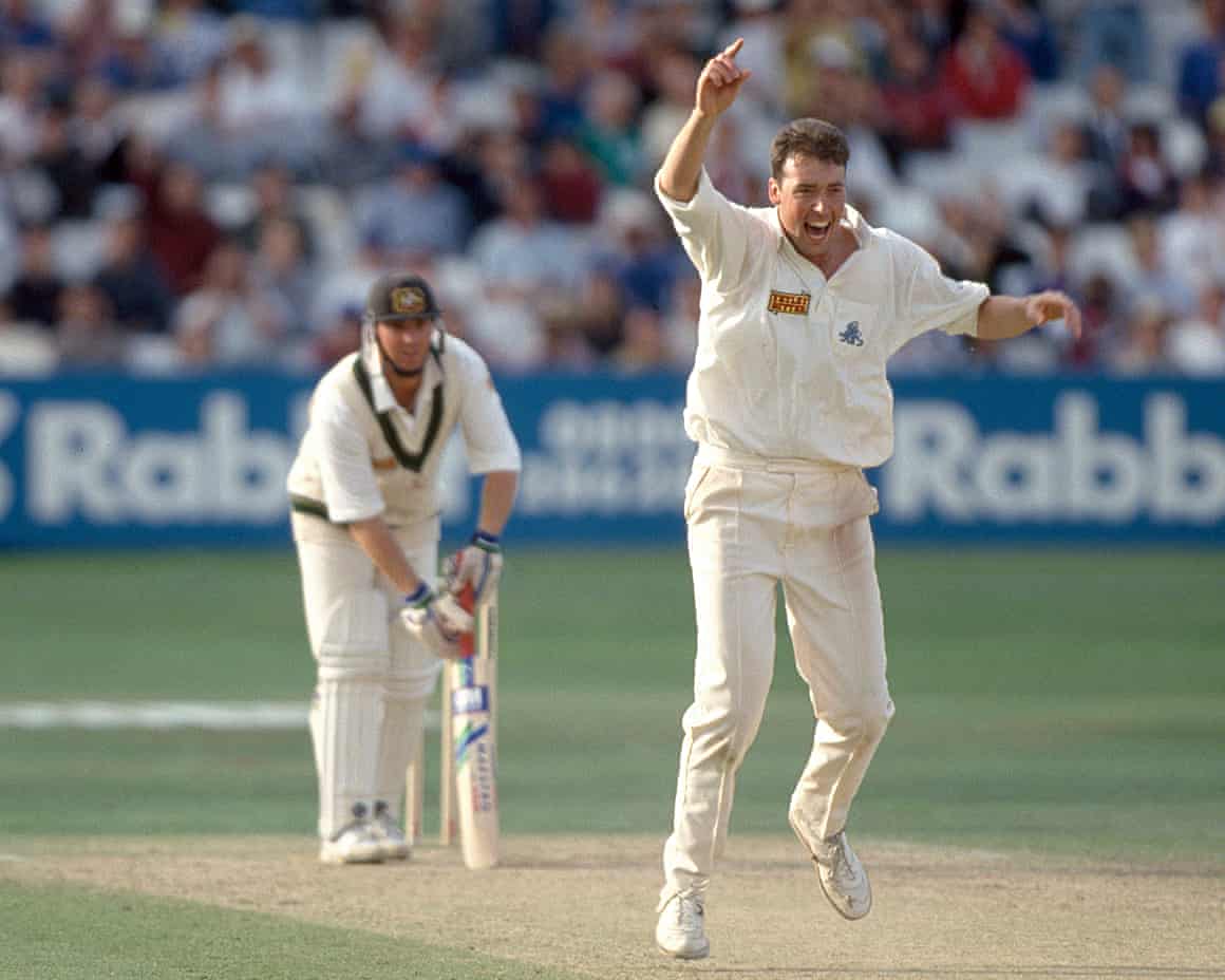 Angus Fraser celebrates after trapping Australia’s Shane Warne leg before to complete England’s victory in the sixth Ashes Test at the Oval in August 1993.
