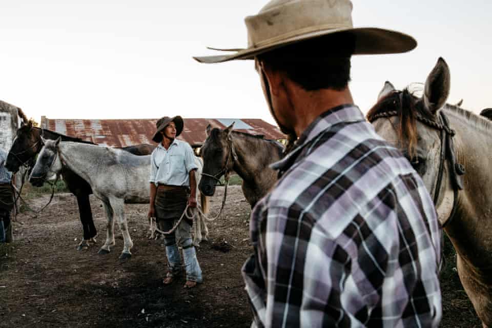 Gauchos clean their horses after bringing in the cattle, Estancia Salinas in North Eastern Argentina. February 2018.