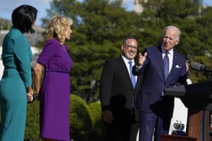 Joe Biden gestures to Juliana Urtubey, 2021 National Teacher of the Year.