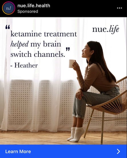 woman sits in chair next to words ‘ketamine treatment helped my brain switch channels’