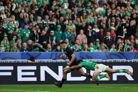 New Zealand’s right-wing Will Jordan celebrates after crossing the line to score a wonderful try against Ireland.