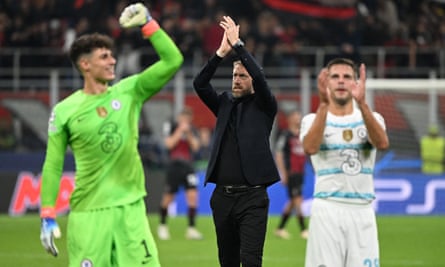 Graham Potter applauds Chelsea’s fans after the 2-0 win at Milan