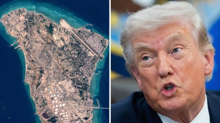 Head and shoulders of Donald Trump positive abstracted outer photograph of Kharg Island