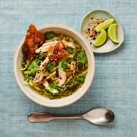 Yotam Ottolenghi’s spicy chicken and cabbage soup with limes and sesame seeds.