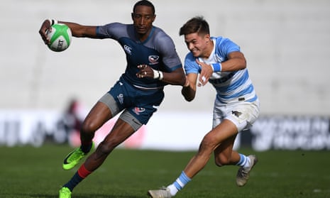 Perry Baker of the USA sevens team takes on Argentina in Madrid in February.