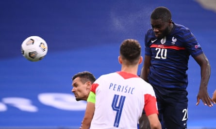 Dayot Upamecano heads home his first France goal on his second appearance.
