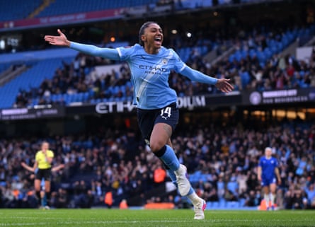 Kerolin celebrates scoring Manchester City’s fourth goal in their 5-1 victory at Chelsea, which completed her hat-trick.