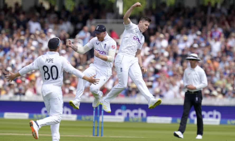 Matt Potts punches the air after taking the wicket of Kane Williamson at Lord’s