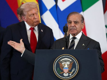 Sharif speaking at the podium and gesturing towards Trump next to him