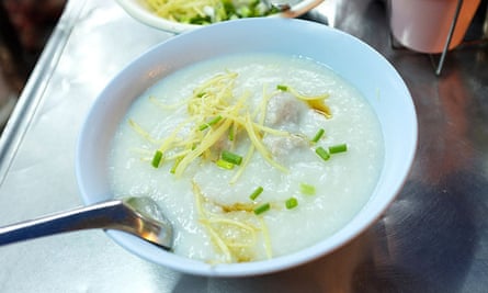 A bowl of Thai rice porridge from a Bangkok street stall.
