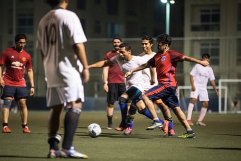 Deepak Unnikrishnan plays football with friends at the Dome near Abu Dhabi Sports City