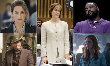 Composite of the tv shows The Girlfriend Experience, OJ v The People, B.A.N., Black Mirror san Junipero and Westworld