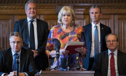 Cheryl Gillan, centre, announcing the results of the fifth ballot of the Tory leadership contest in 2019.