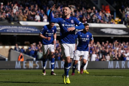 Conor Chaplin celebrates after scoring for Ipswich