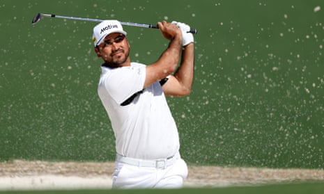 Jason Day of Australia plays from a bunker on the second hole during the final round of the Masters.