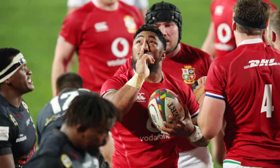 Bundee Aki of the Lions celebrates a try.
