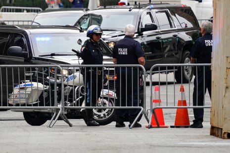 Federal marshals stand guard as former President Donald Trump's motorcade arrives at the U.S. Court of Appeals for the Second Circuit in Manhattan, New York, on September 6, 2024. Trump plans to seek to overturn a $5 million jury verdict that found him liable for sexual assault and defamation against author E. Jean Carroll, who accused Trump of raping her nearly 30 years ago.