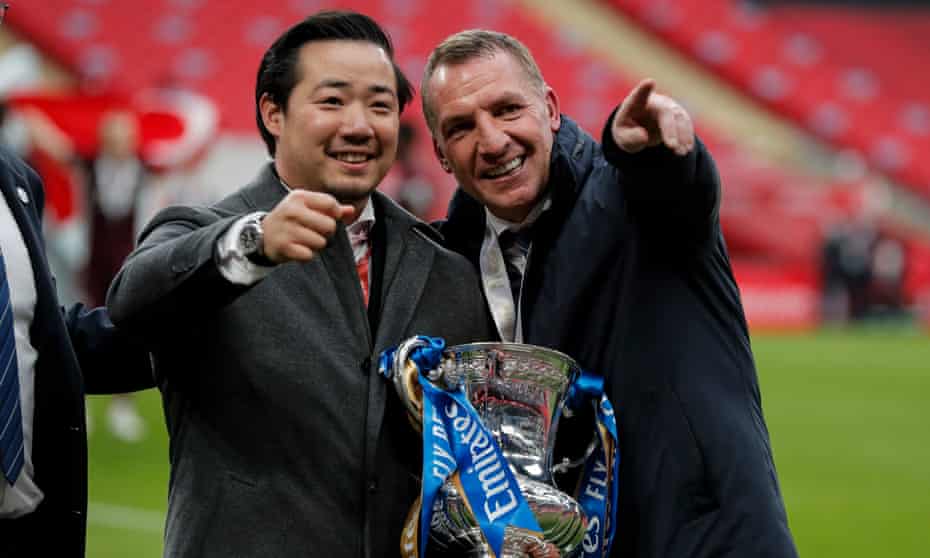 Leicester’s chairman, Aiyawatt Srivaddhanaprabha, with the manager Brendan Rodgers after last season’s FA Cup final.