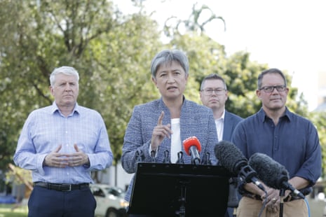 Labor’s Penny Wong speaks to media at Bicentennial Park in Darwin.