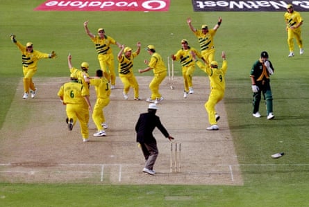 South Africa’s Allan Donald (in green, right) seconds after being run out against Australia in the Cricket World Cup semi-final in 1999.