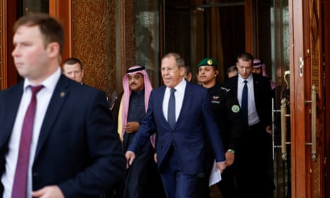 Russian foreign minister Sergei Lavrov leaves a hotel ahead of his meeting with a US delegation in Riyadh, Saudi Arabia.
