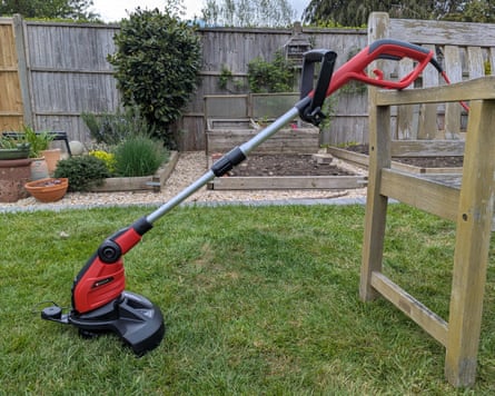 Andy Shaw testing the corded Einhell grass trimmer