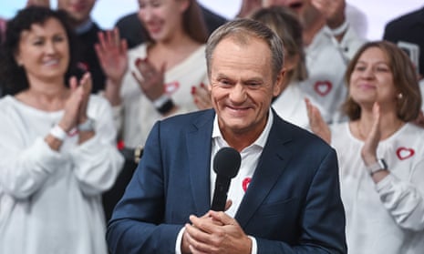 The leader of Civic Coalition (KO), Donald Tusk celebrates the exit poll results during Poland's Parliamentary elections on October 15, 2023 in Warsaw, Poland.