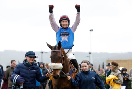 Tom Bellamy celebrates atop his horse