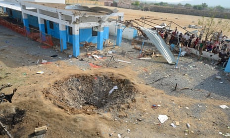 A crater caused by a Saudi-led coalition airstrike at hospital in Hajja province, Yemen