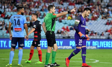 Wanderers goalkeeper Vedran Janjetovic is sent off after handling the ball outside his area.