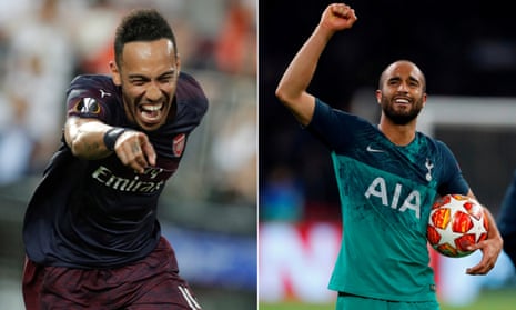 Arsenal’s Pierre Emerick Aubameyang celebrates after scoring in the Europa League semi final second leg against Valencia and Tottenham’s Champions League semi-final hat-trick hero Lucas Moura celebrates with the match ball after defeating Ajax.