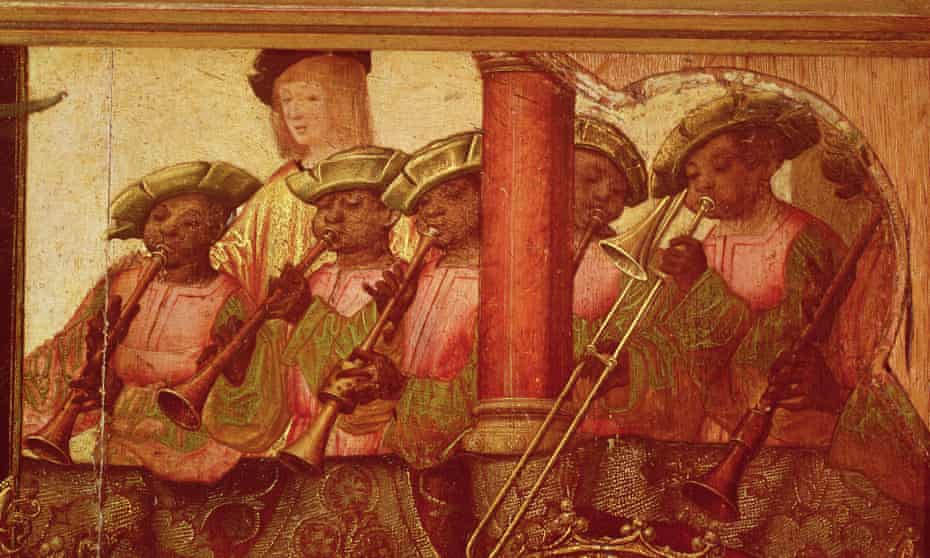 Detail of the black shawm players in The Engagement of St. Ursula and Prince Etherius, , c.1520 (oil on panel)by Master of Saint Auta (fl.1512-29)  at the Museu Nacional de Arte Antiga, Lisbon.
