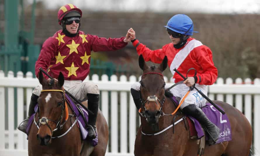 Jack Kennedy (left) is congratulated on winning the Gold Cup on Minella Indo by Rachael Blackmore who was second on A Plus Tard.
