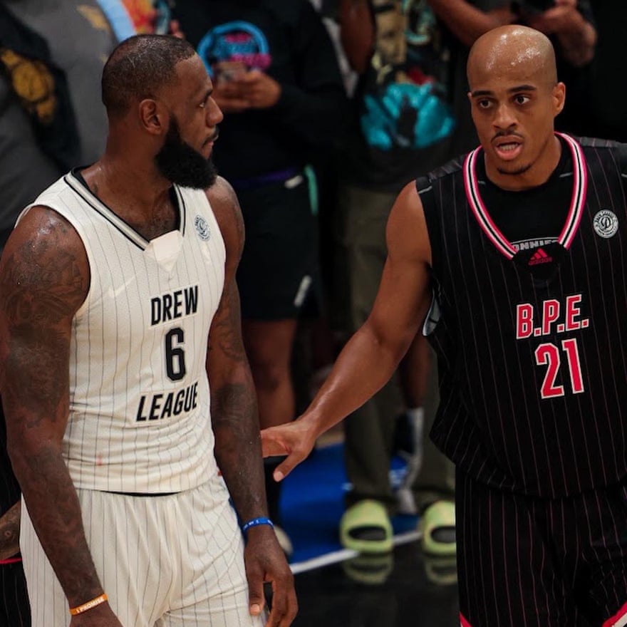 He faced Dion Wright, in black, and LeBron James, in white, at the Drew League in Los Angeles in the summer of 2022.