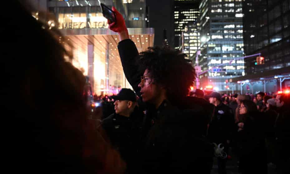 Demonstrators protest against increased New York Police Department presence on the subway system in Manhattan