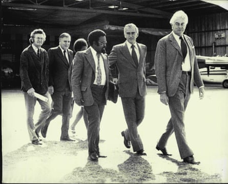 Seen here in Mascot, NSW, in 1974, Australia’s prime minister Gough Whitlam, the chief minister of New Guinea, Michael Somare. The leader of the federal opposition Bill Snedden, Sir John Bunting, and the president of the ACTU, Bob Hawke.
