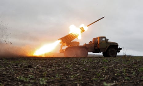 A BM-21 'Grad' multiple rocket launcher fires towards Russian positions on the front line near Bakhmut, Donetsk region, on November 27, 2022, amid the Russian invasion of Ukraine.