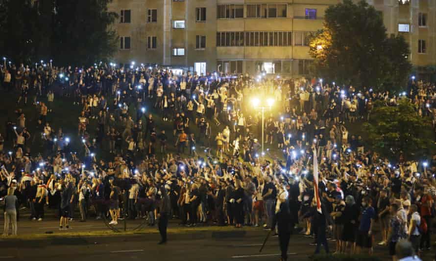 Protesters in Minsk on Sunday evening.