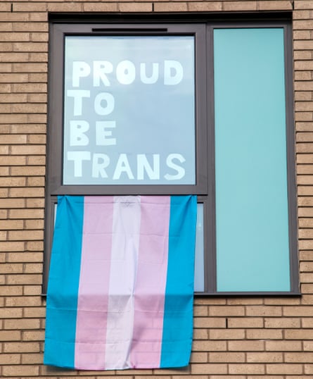 A sign in a window at Durham university saying ‘Proud to be trans’, and a trans flag hanging out of the window