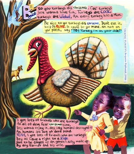 Sharon Tancredi’s illustration for Benjamin Zephaniah’s poem Talking Turkeys.