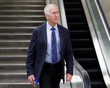Thom Tillis descends a stairwell after a vote at the US Capitol, 20 March 2026.