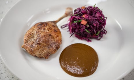 ‘Dinner, and a very good one’: duck confit with a sprightly red cabbage and mango salad from an Elite Bistro kit. 